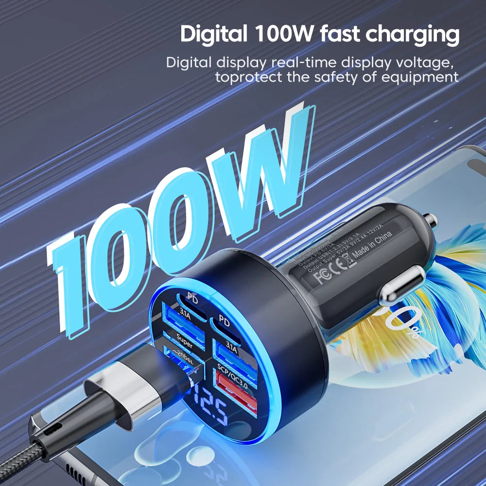 Ładowarka Samochodowa 100W 6-Port USB/USB-C – Szybkie Ładowanie