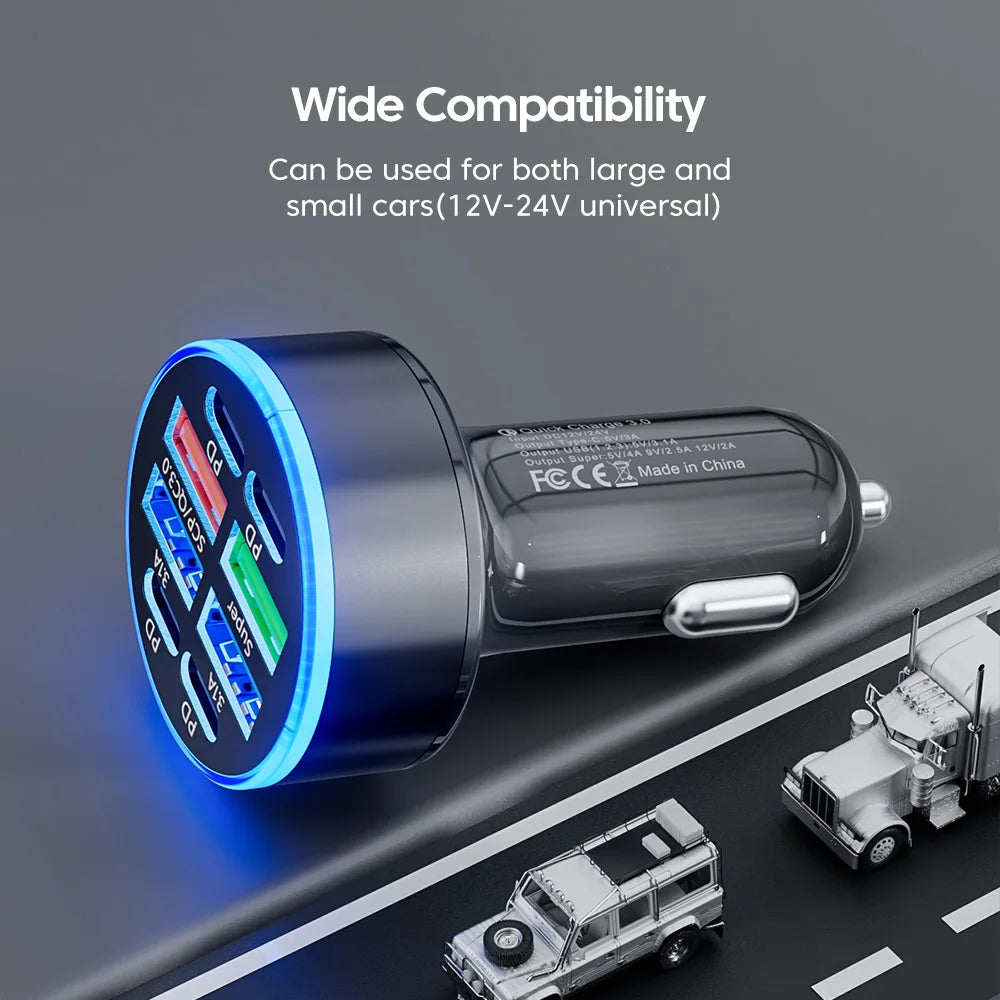 Ładowarka Samochodowa 100W 6-Port USB/USB-C – Szybkie Ładowanie