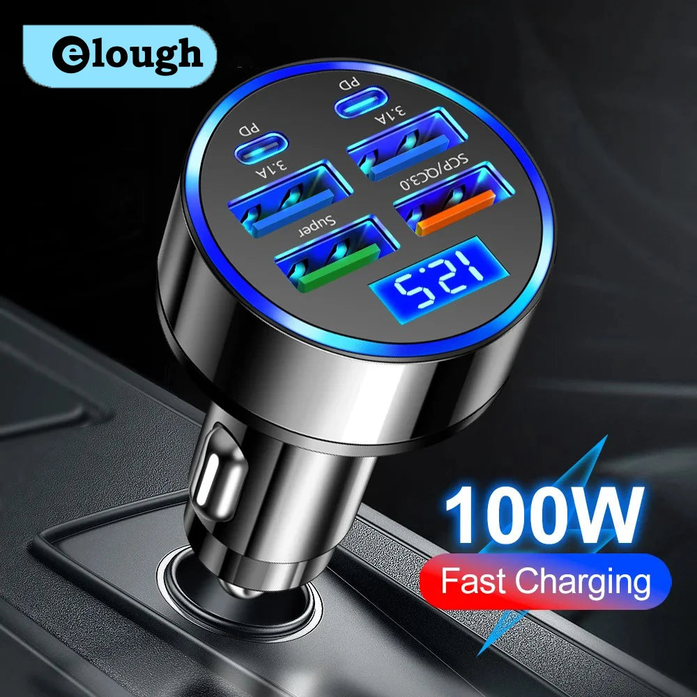 Ładowarka Samochodowa 100W 6-Port USB/USB-C – Szybkie Ładowanie