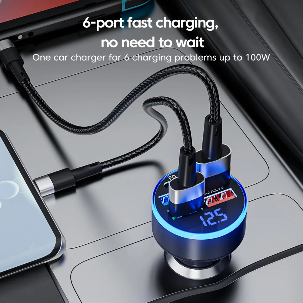 Ładowarka Samochodowa 100W 6-Port USB/USB-C – Szybkie Ładowanie